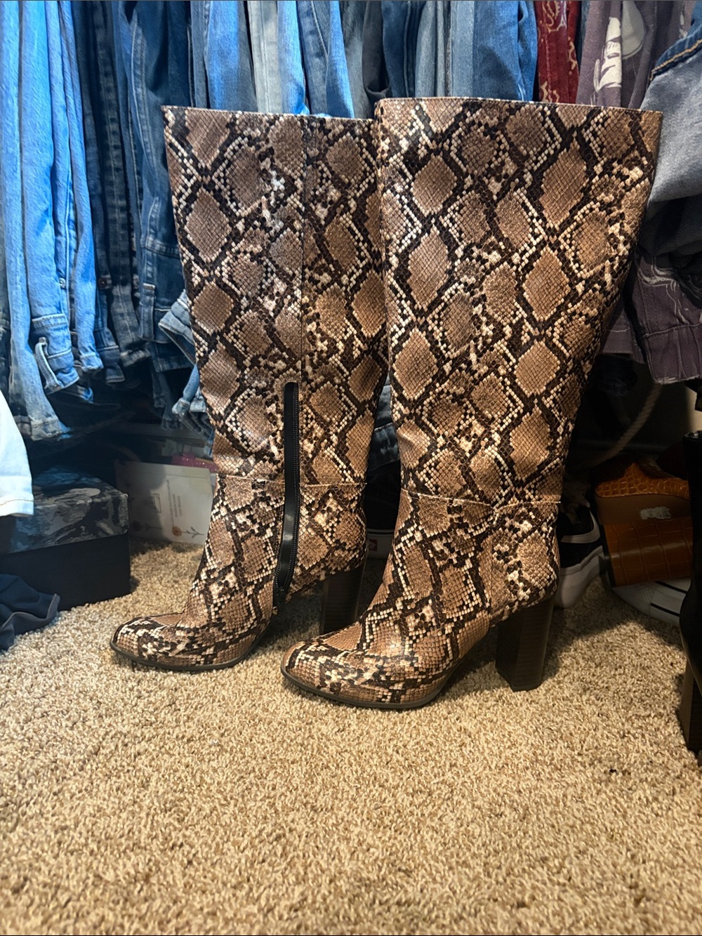 Women’s Brown Snake-Print Mid-Calf Heeled Boots